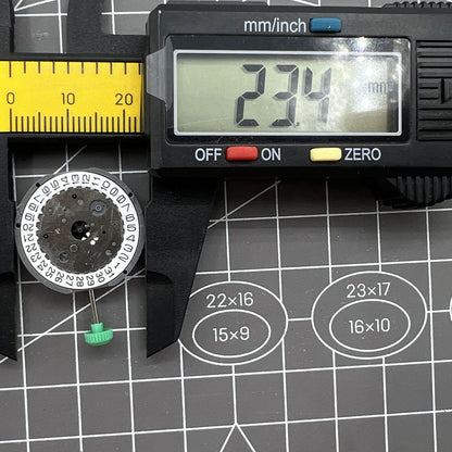 Miyota FS20 chronograph watch movement with date display at 3 o'clock, Japan quartz precision.