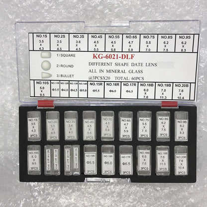 KG-6021-DLF mineral glass date lenses set, 3 sizes, assorted shapes, 60PCS for watch customization.