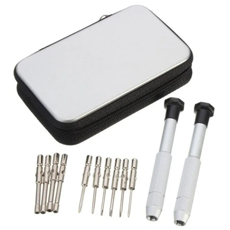 Precision screwdriver set for watch and eyeglass repair, includes hex tools and cutter heads with grip handle.