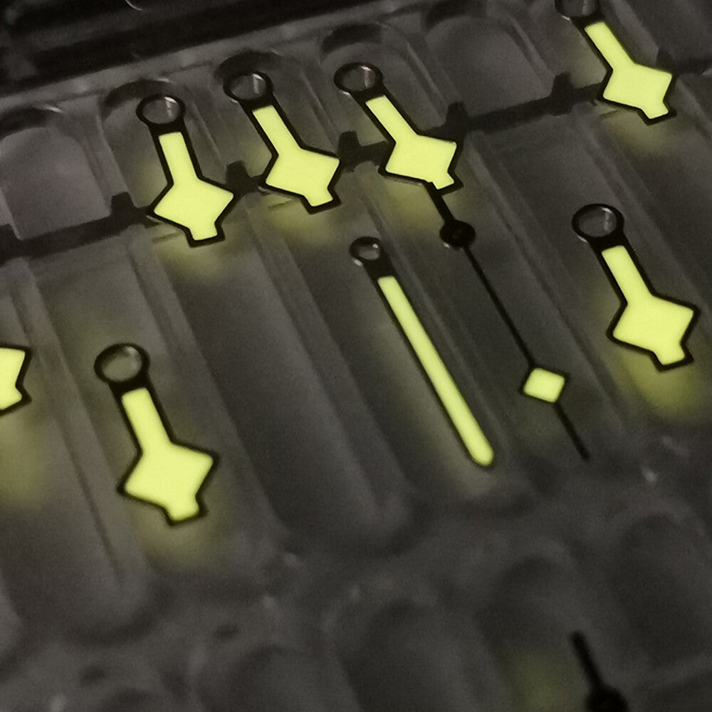 Silver trim luminous watch hands in yellow, blue, and green for SKX/SBBN NH35A/NH36 models.