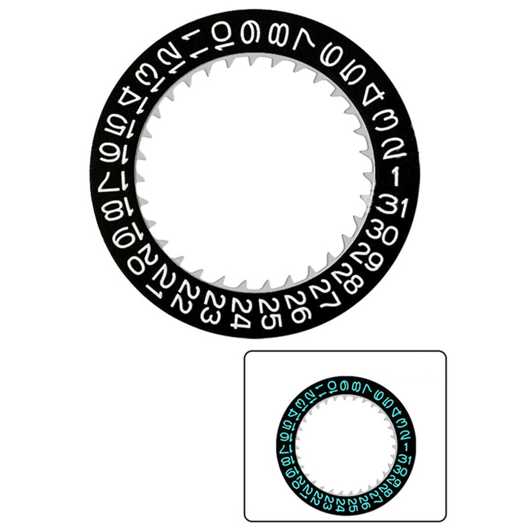 Disk date wheel with blue luminous markers and white font on black, for NH35 NH36 movement