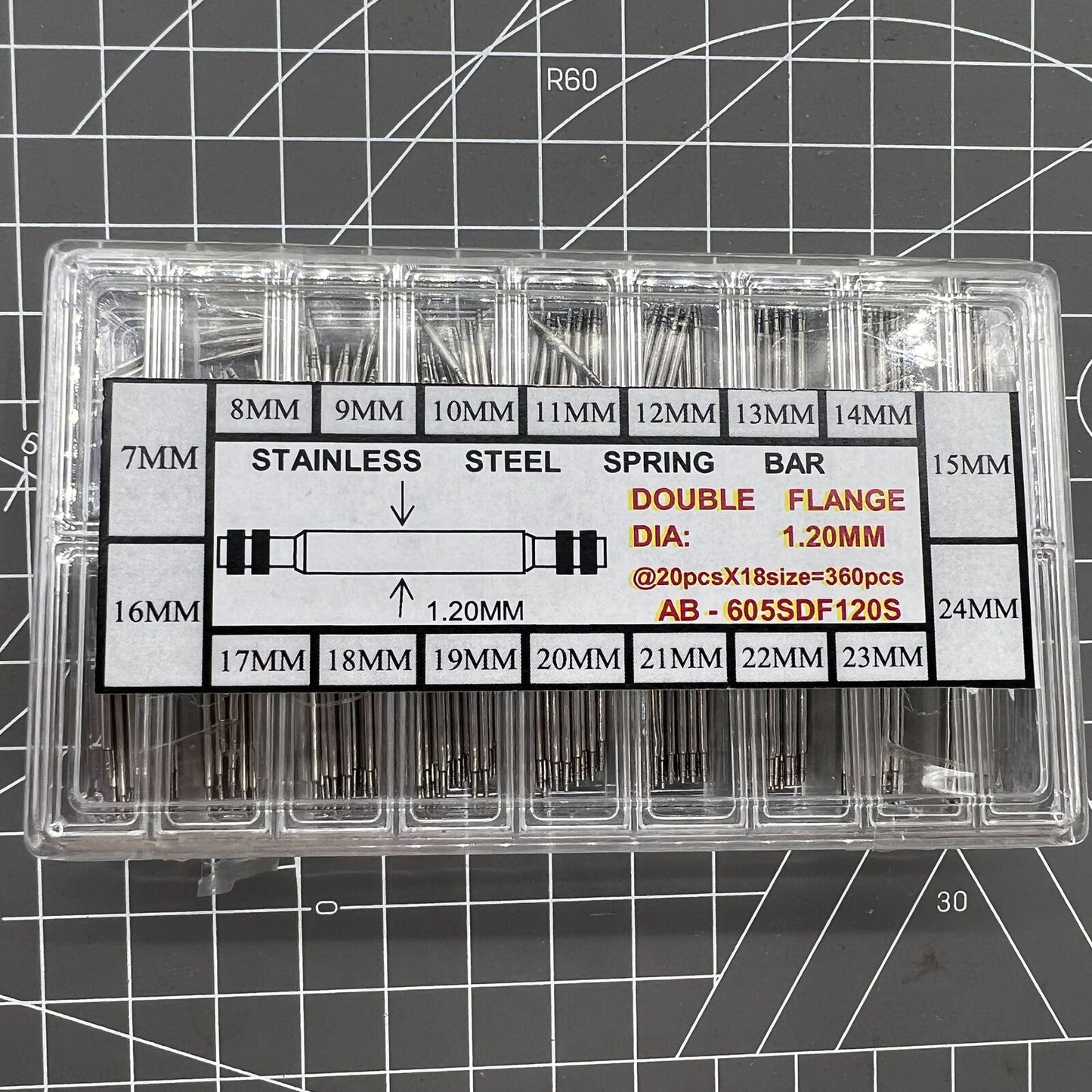 Double flange stainless steel watch spring bar kit, 18 sizes, 360PCS/box for secure watch strap installation