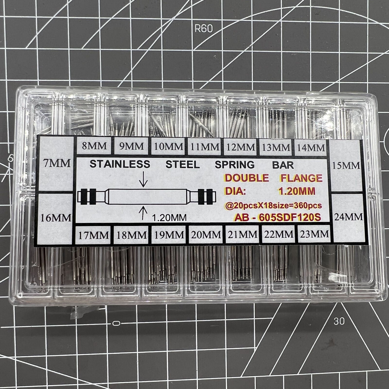 Double flange stainless steel watch spring bar kit, 18 sizes, 360PCS/box for secure watch strap installation