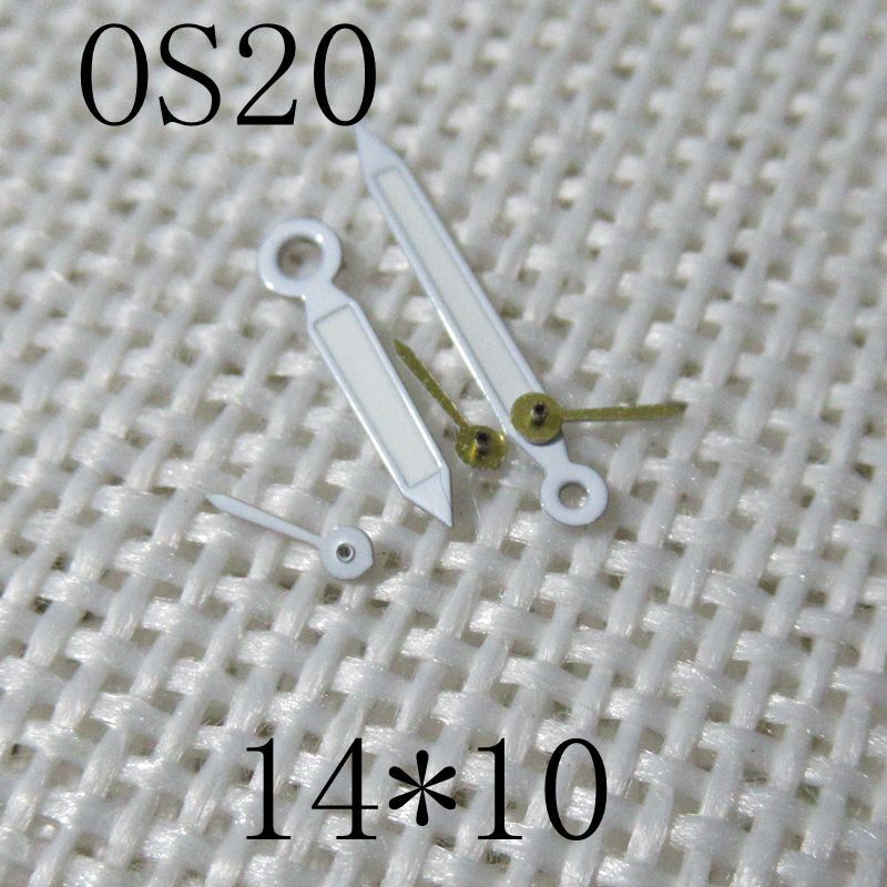 White trim green lume watch hands for Miyota OS20 movement, enhancing visibility in low light conditions.