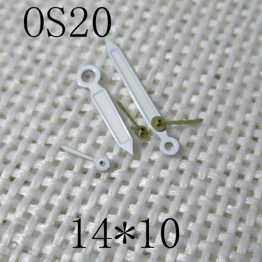 White trim green lume watch hands for Miyota OS20 movement, enhancing visibility in low light conditions.