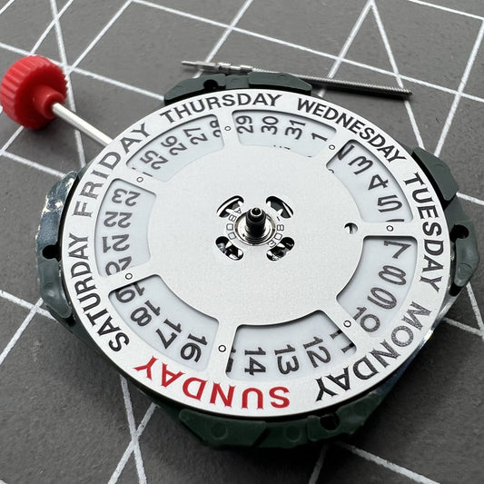 Miyota 2350 quartz movement with 3 hands, day-date function, and integrated watch stem for precise timekeeping.