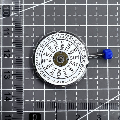 Swiss ISA 1198 quartz watch movement with 3 hands and English day-date display for precise timekeeping.