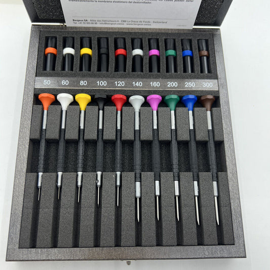 Bergeon 7899-A10 ergonomic watch screwdrivers set 0.50-3.00mm in wooden box for precision repairs