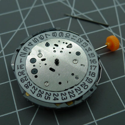 Japan Miyota JP11 quartz watch movement showing precise time with date display at 3 o'clock, reliable Miyota craftsmanship.