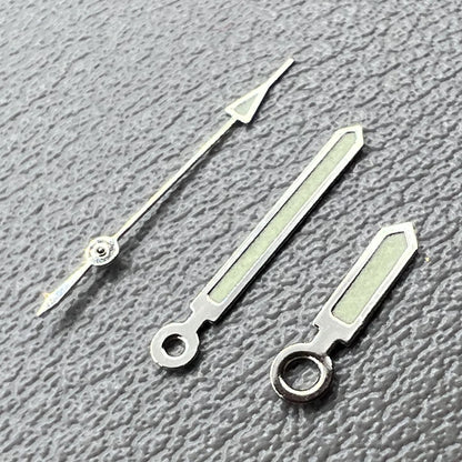 Set of 2 silver-trimmed green lume watch hands for Miyota 2035, 2115, 2105, 2305 movements, precise fit.