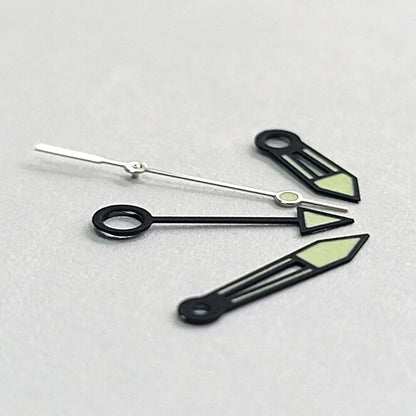 Green luminous watch hands with black trim, designed for NH34 movement GMT models, Japanese precision.