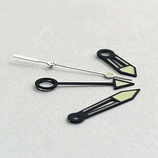 Green luminous watch hands with black trim, designed for NH34 movement GMT models, Japanese precision.