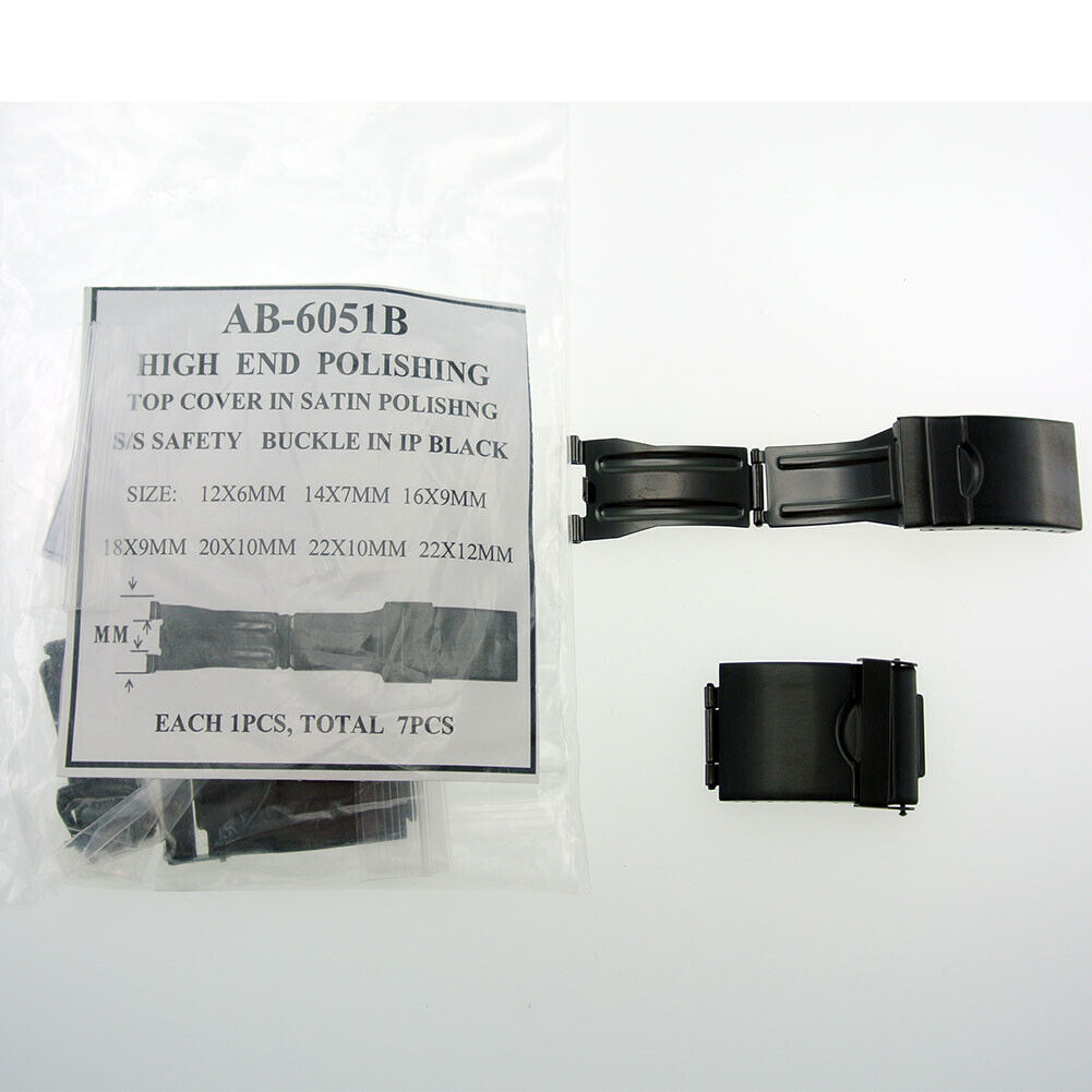 Black stainless steel safety buckle with satin polish, IP black top cover, available in 7 sizes, stylish and durable accessory.