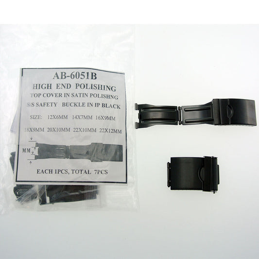 Black stainless steel safety buckle with satin polish, IP black top cover, available in 7 sizes, stylish and durable accessory.