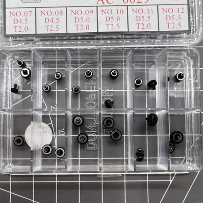 Black plated stainless steel watch crowns, 24 pieces in 12 sizes for precise watch repair and customization.