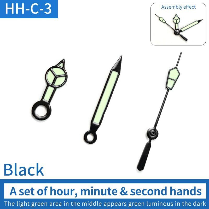 Green luminous watch hands set with pins for SKX007/009 NH35 movement, improving dial visibility.