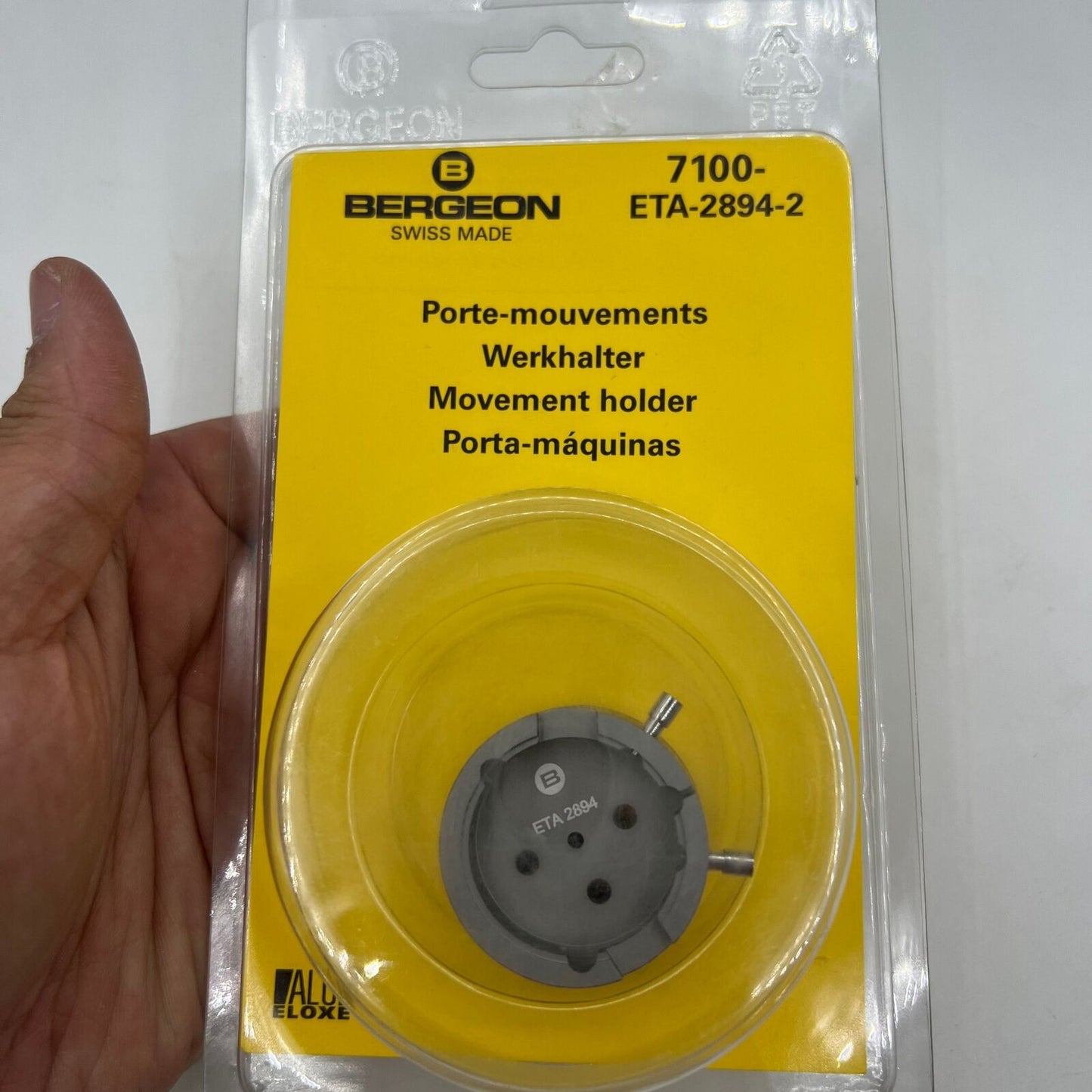 Swiss Tool Bergeon 7100 ETA 2894-2 watch movement holder, compatible with ETA 2894-2, precision tool for watch repair.