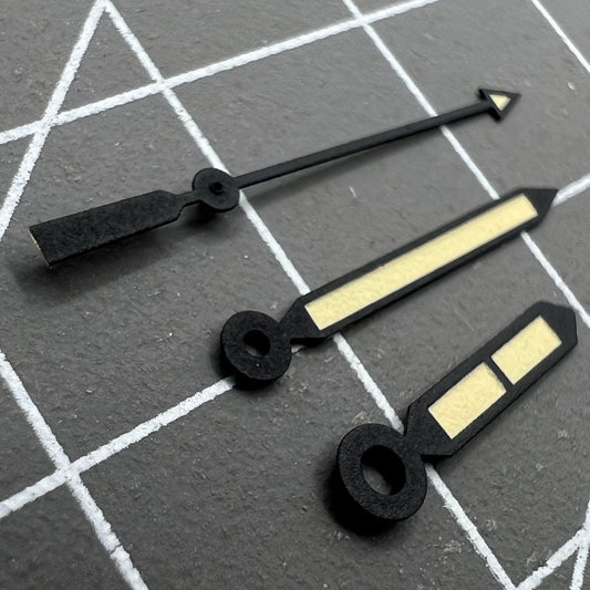 Green lume yellow arrow watch hands with black trim, compatible with NH35/36 movements.