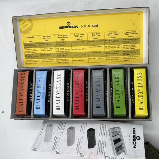 Bergeon 5885 DIALUX Rouge polish set with 7 polishing products for watch accessories care and restoration.