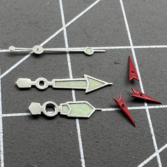 Silver-trimmed green luminous watch hands for Miyota 0S60, perfect for enhanced visibility and stylish upgrades.