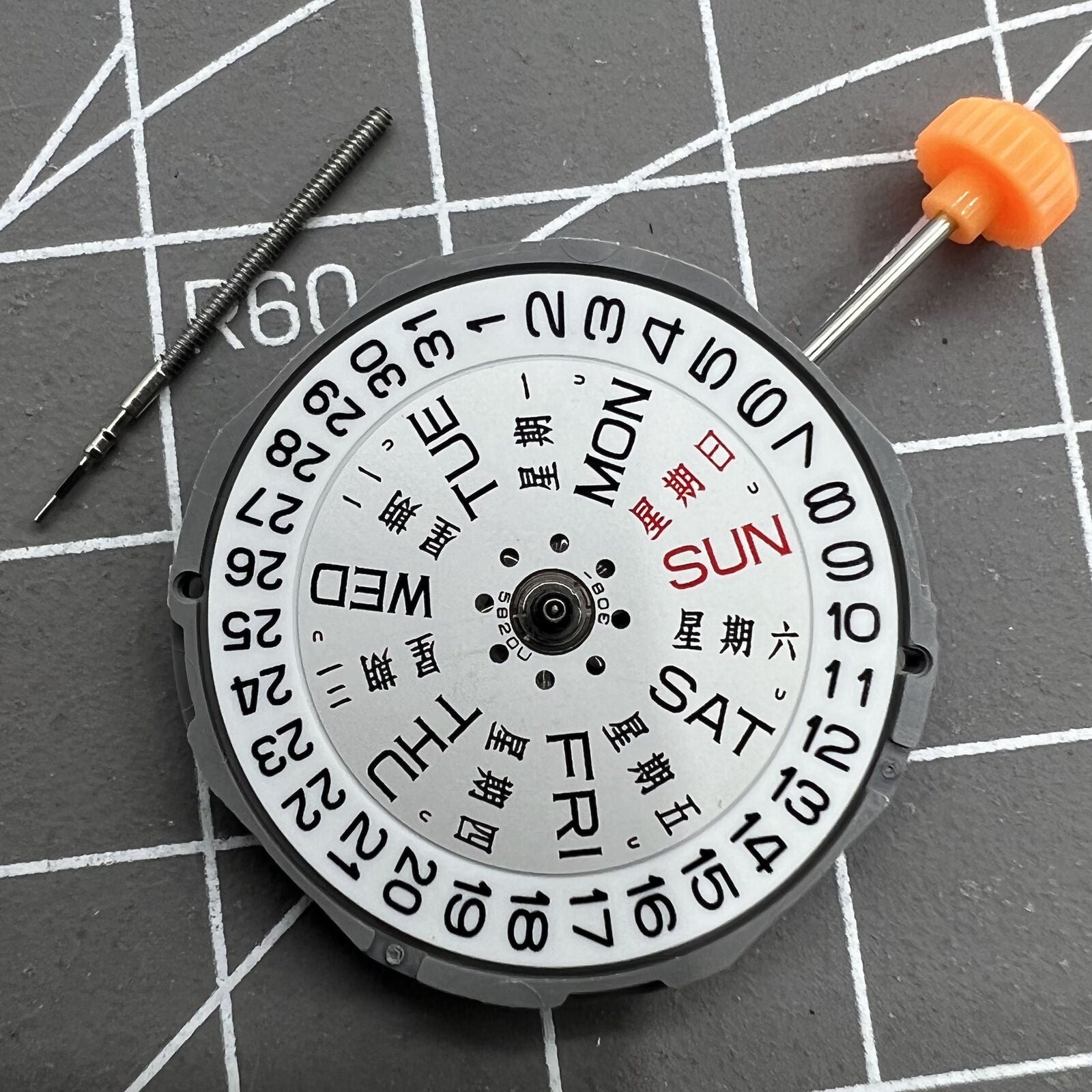 Miyota 1M02 quartz movement watch dial with English & Chinese day-date display, precise timekeeping accessory.