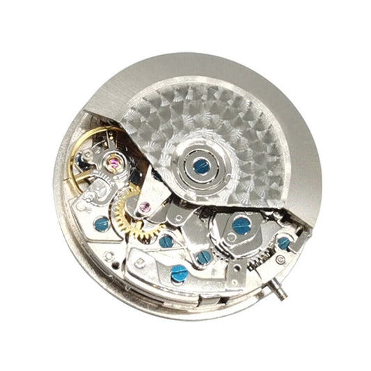 Asian 7750 chronograph watch movement with white dial, single calendar at 3 o'clock, and second subdial at 9 o'clock.