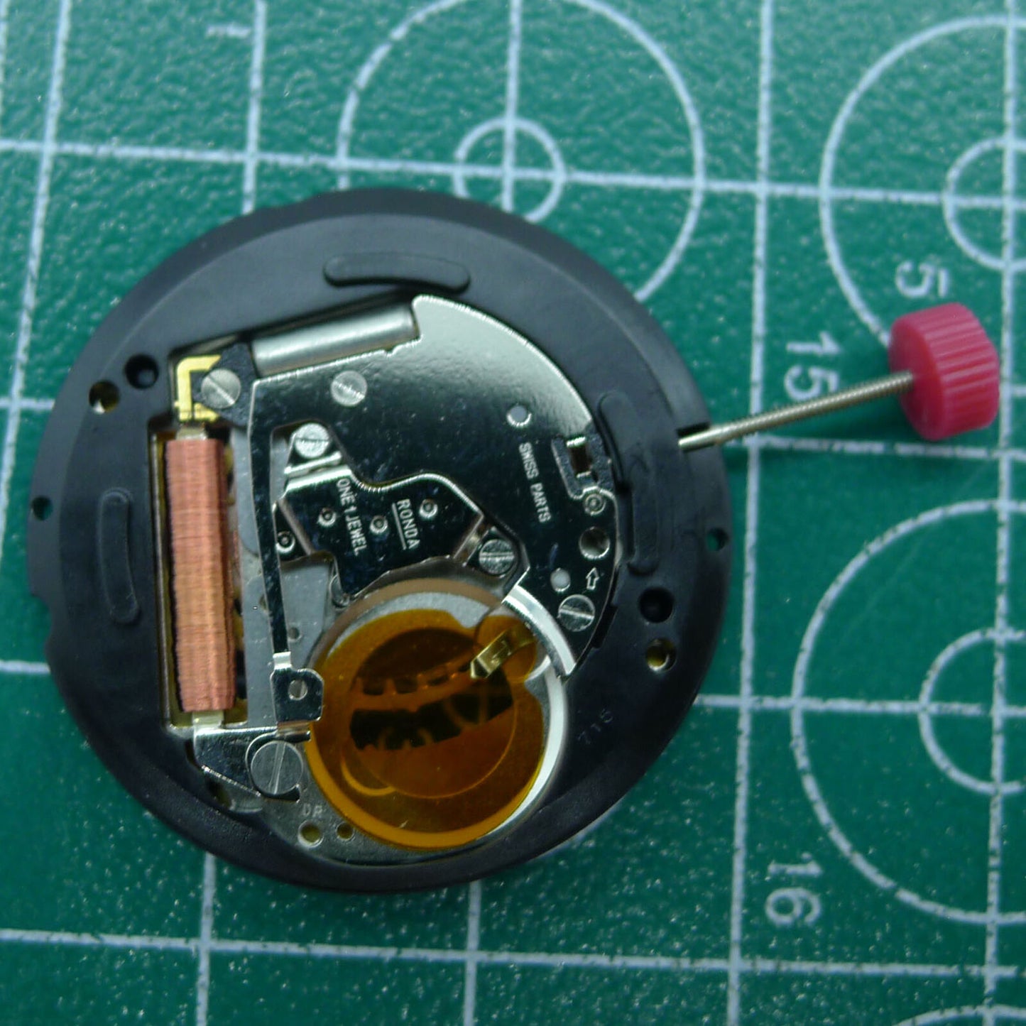 Swiss Part Ronda 715 quartz watch movement with black date wheel at 6 o'clock, ideal replacement for accurate timekeeping.
