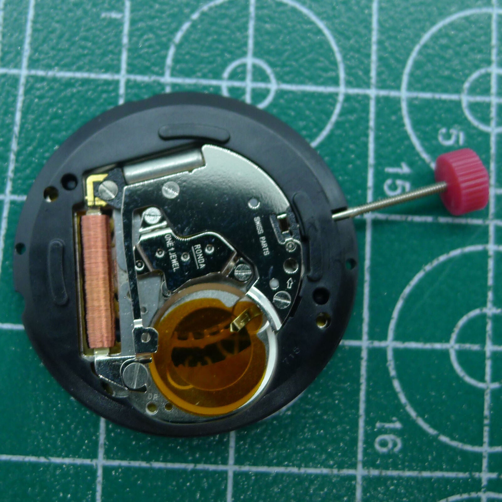 Swiss Part Ronda 715 quartz watch movement with black date wheel at 6 o'clock, ideal replacement for accurate timekeeping.