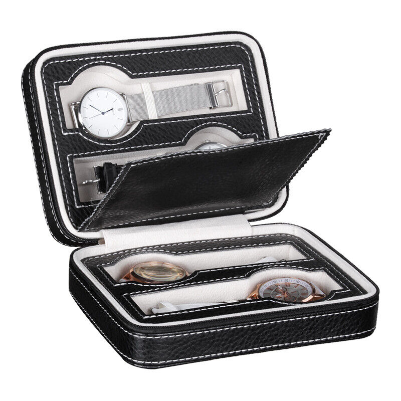 Portable jewelry watch storage box with 2 compartments and durable zipper.