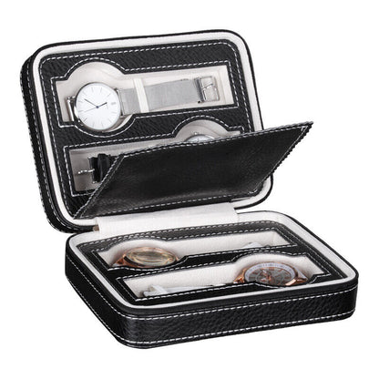 Portable jewelry watch storage box with 2 compartments and durable zipper.