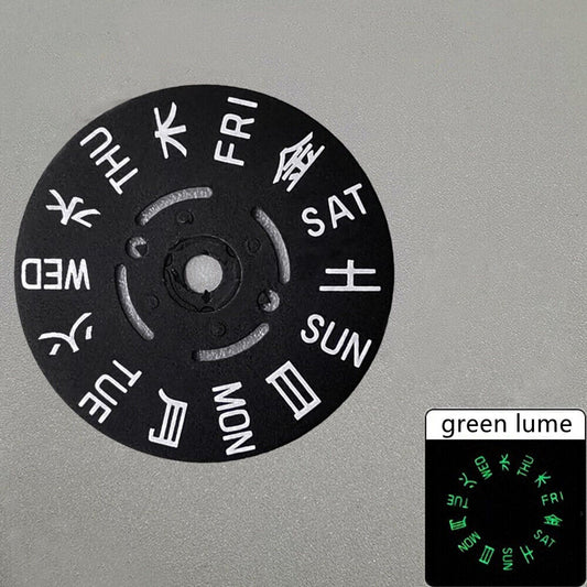 Green lume week wheel disk with Chinese and Japanese characters for NH36 watch movement.