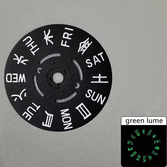 Green Lume Black Background Chinese+Japanese Week Wheel Disk for NH36 Movement