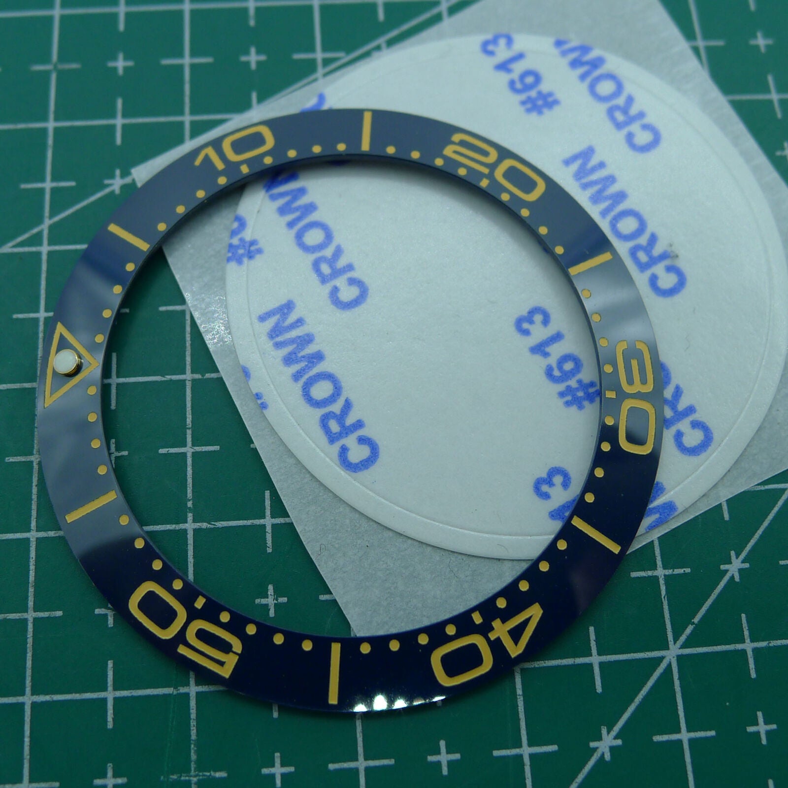 Sky Blue ceramic bezel insert 41.5mm/32.5mm with yellow font for watch repair