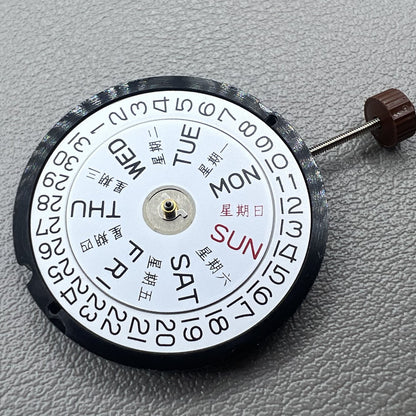 Ronda 517 Swiss quartz movement watch accessory showing English and Chinese day-date display.