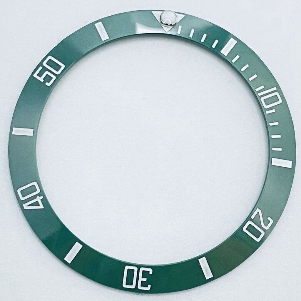 38mm green ceramic GMT bezel with white font for 40mm watch case, durable replacement part.
