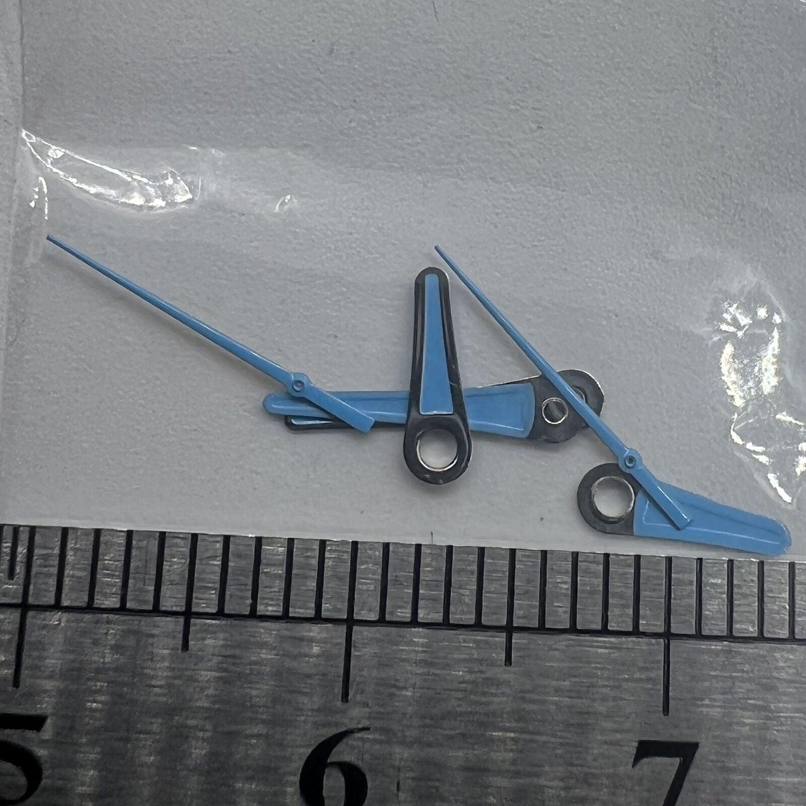 Set of blue painted watch hands (13mm, 11mm, 9mm) for Miyota 2035, sleek style.
