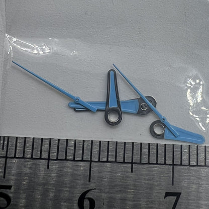 Set of blue painted watch hands (13mm, 11mm, 9mm) for Miyota 2035, sleek style.