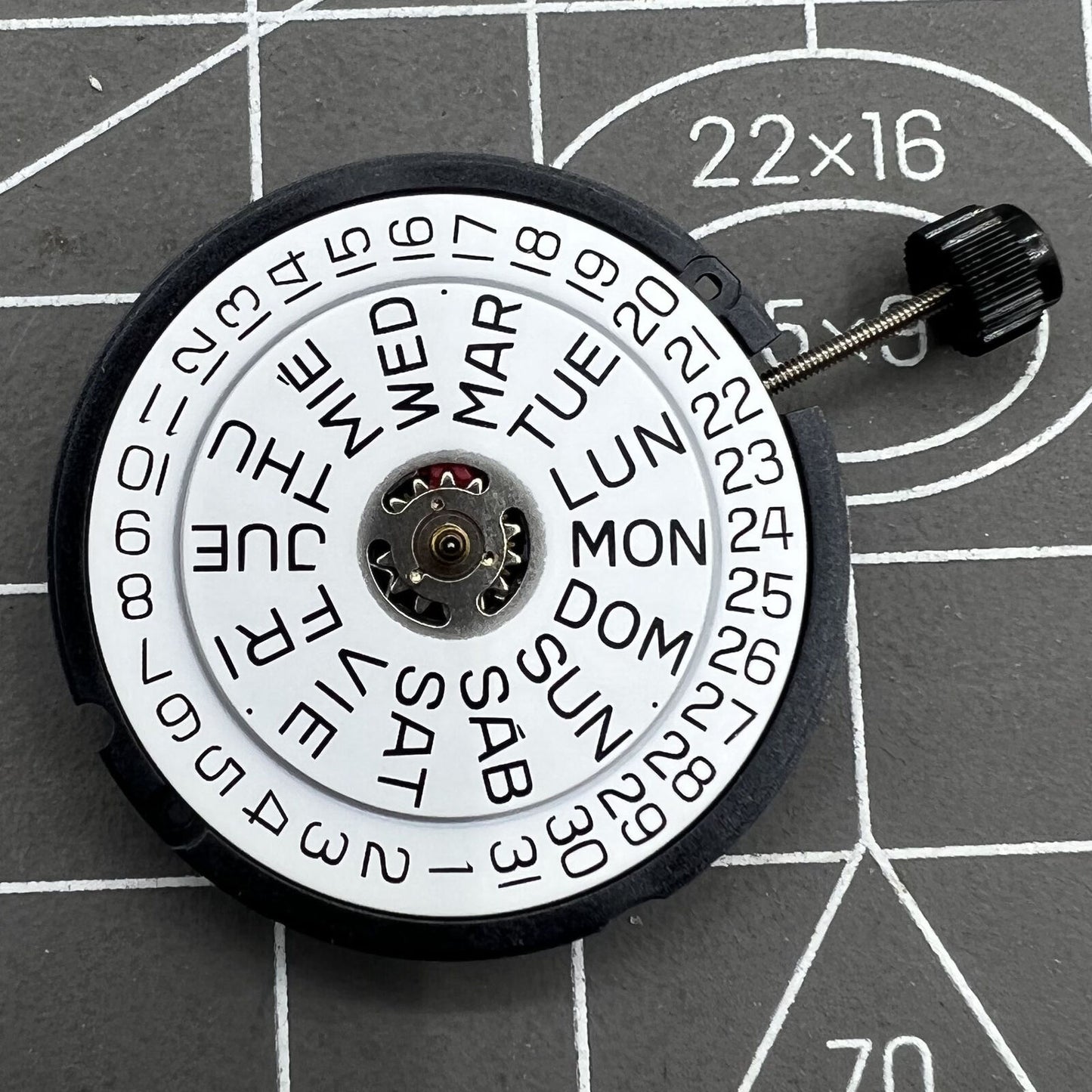 Swiss ETA 805.112 quartz watch movement displaying 3 hands and date window at 3 o'clock.