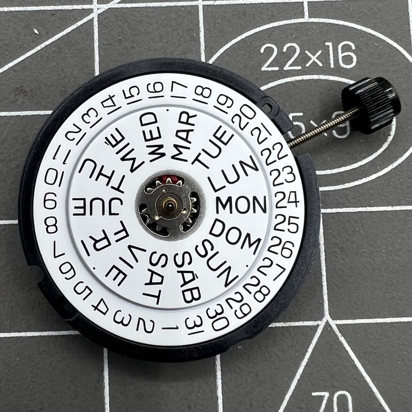 Swiss ETA 805.112 quartz watch movement displaying 3 hands and date window at 3 o'clock.