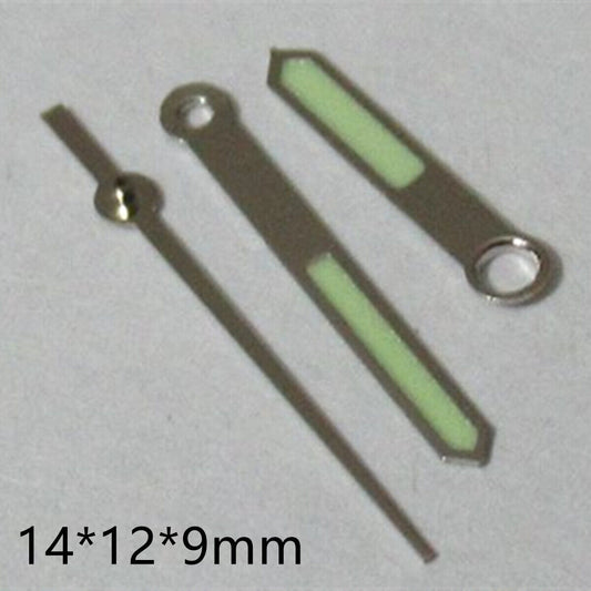 Silver-trimmed green luminous watch hands set for Miyota 2035, enhancing visibility and style.