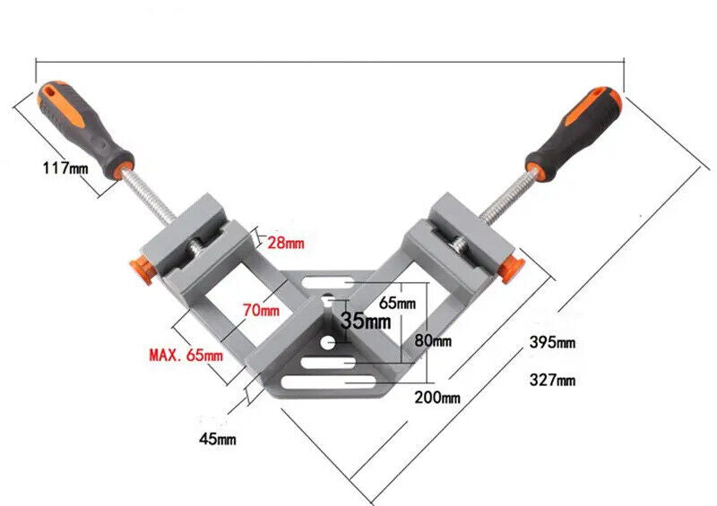 Double handle 90-degree corner clamp, aluminum alloy for secure woodworking joints.