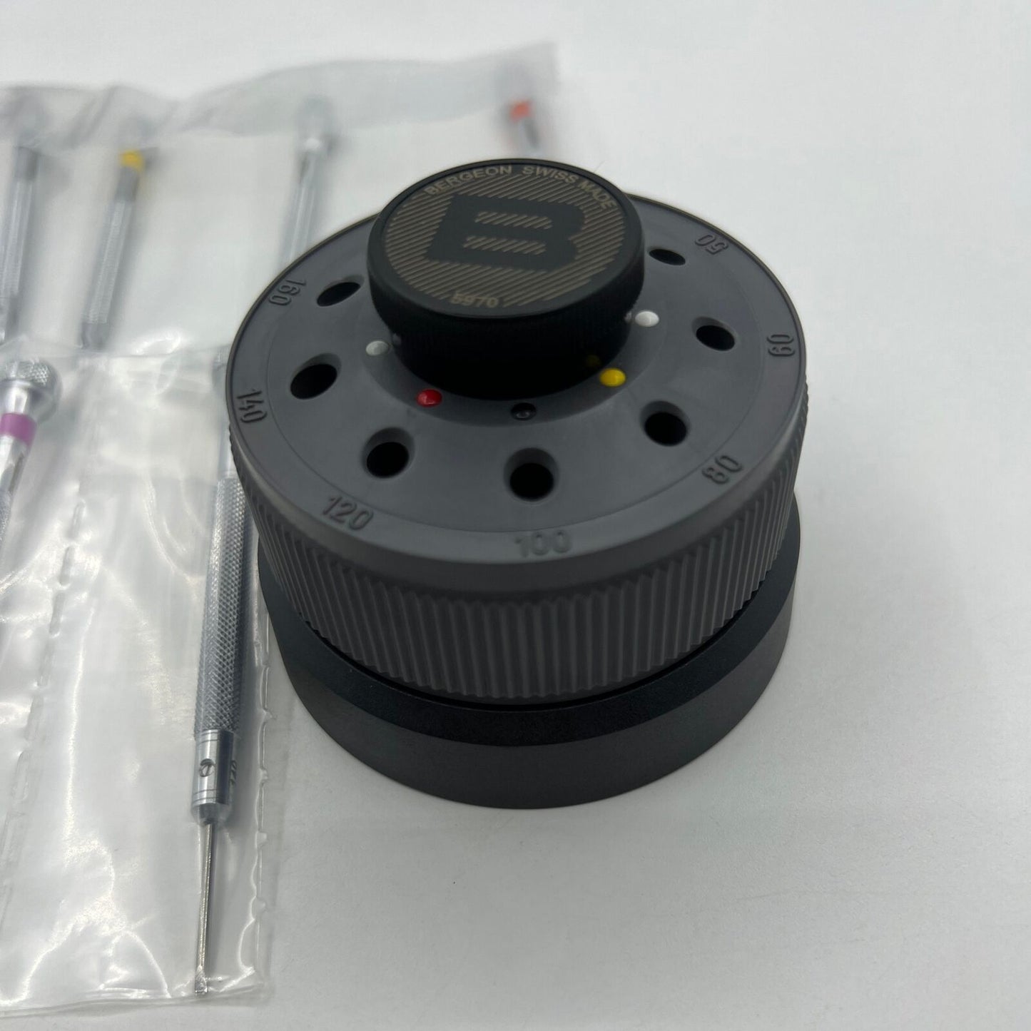 Bergeon 5970 rotating toolset with 9 precision screwdrivers for detailed watch repair, Swiss craftsmanship.