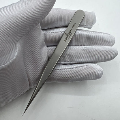 Swiss Bergeon model 7026-3 antimagnetic fine hairspring tweezers for precise watch repair tasks.