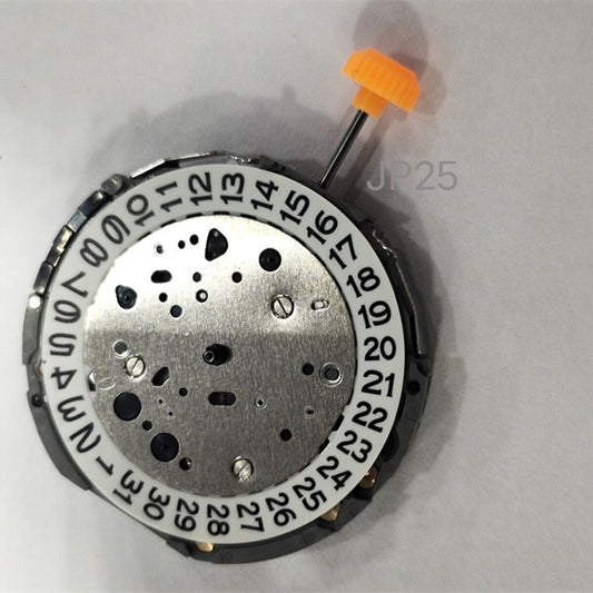 Miyota JP25 Japan Quartz watch movement displaying date at 3 o'clock for precise timekeeping.