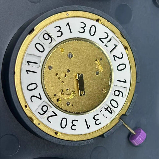 Swiss Made Ronda 7004.B quartz watch movement with small seconds at 6 and big date at 12, precision timekeeping.