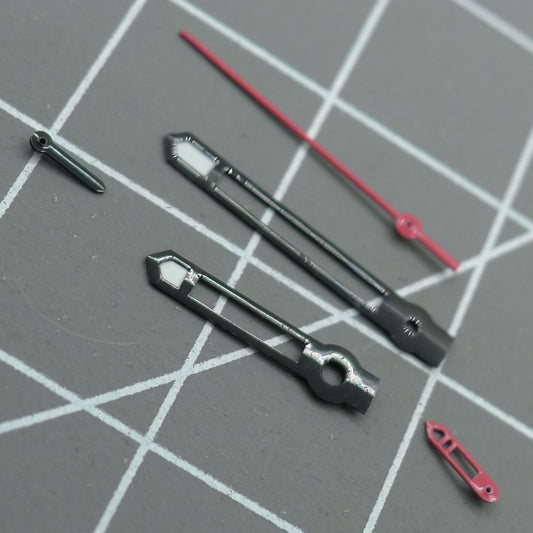 Hattori Epson VD53 quartz watch movement with black trim and red second hand for precise timekeeping.