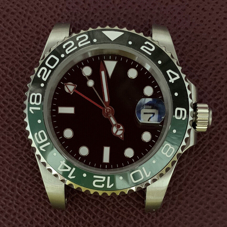 Boîtier de montre GMT 40 mm en acier inoxydable 3804 316L, verre saphir, aiguilles lumineuses