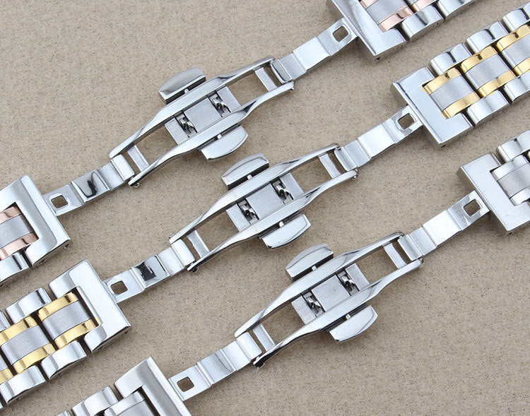 Curved end steel watch band 12-24mm, durable strap with butterfly clasp for elegant watches.