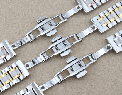 Curved end steel watch band 12-24mm, durable strap with butterfly clasp for elegant watches.