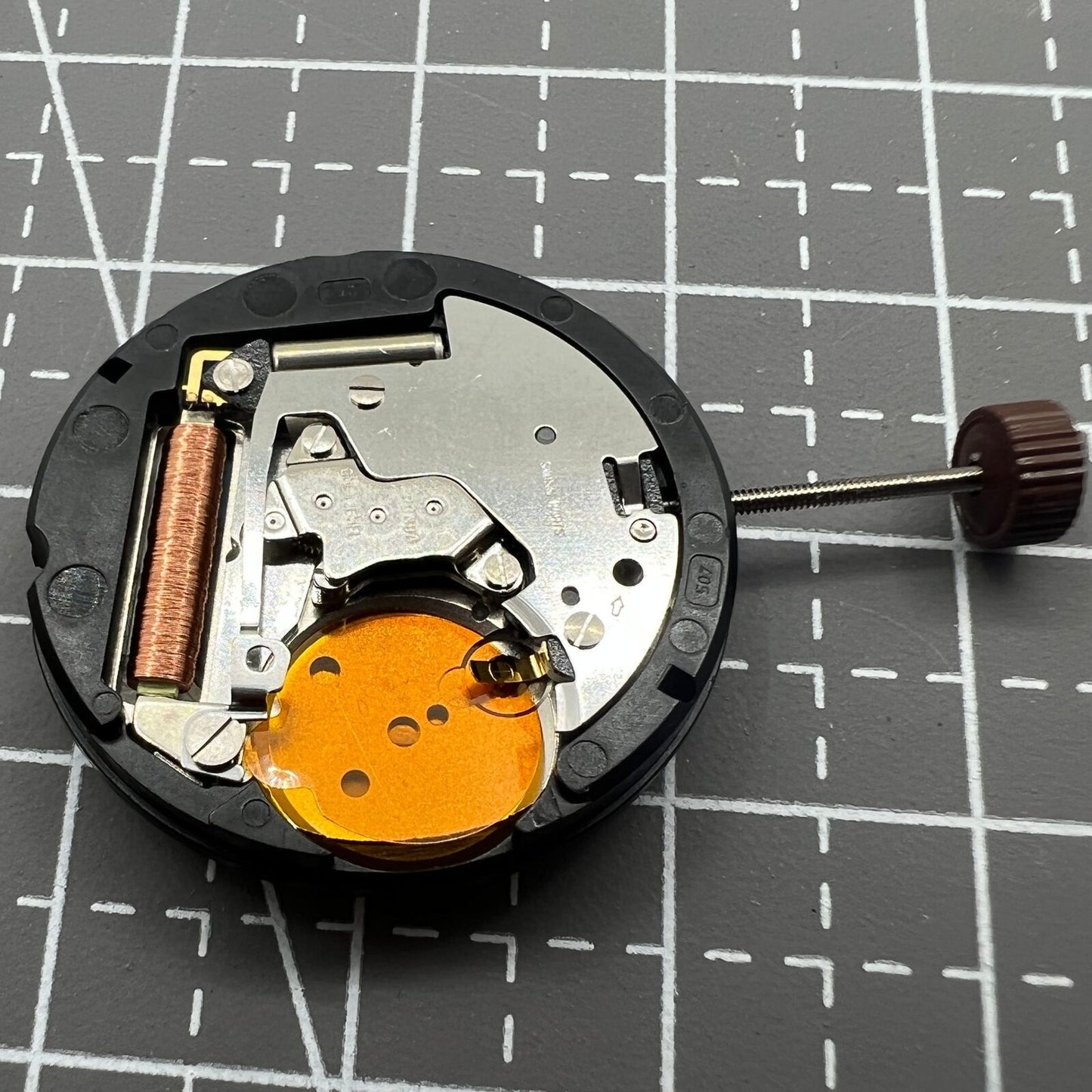 Ronda 507 quartz watch movement with English markers, Swiss precision for accurate timekeeping.